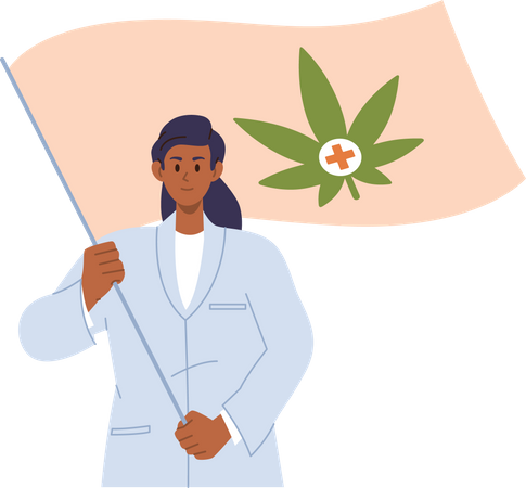 Wissenschaftlerin in Uniform wirbt für die Legalisierung der Cannabispflanze für medizinische Zwecke  Illustration