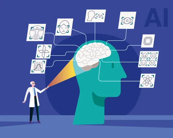 Wissenschaftliche Forschung am menschlichen Gehirn für Studien, die bei der Entwicklung künstlicher Intelligenz angewendet werden sollen  Illustration