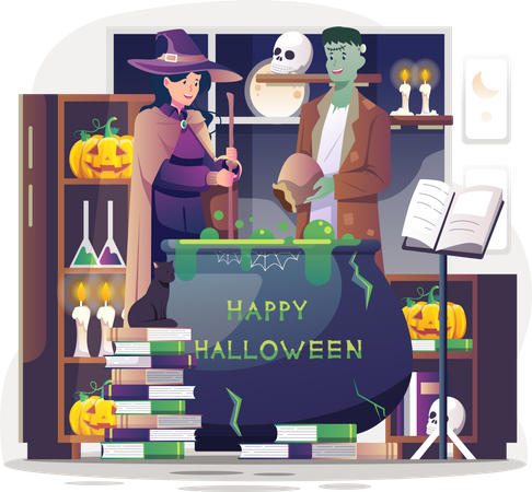 Witch and Frankenstein making a green magical potion  Illustration