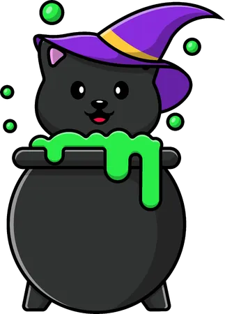 Witch Cat On Halloween Cauldron  Illustration