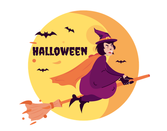 Witch flies on broomstick  Illustration