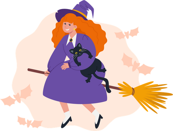 Witch flies on  witch broomstick with  black cat  イラスト