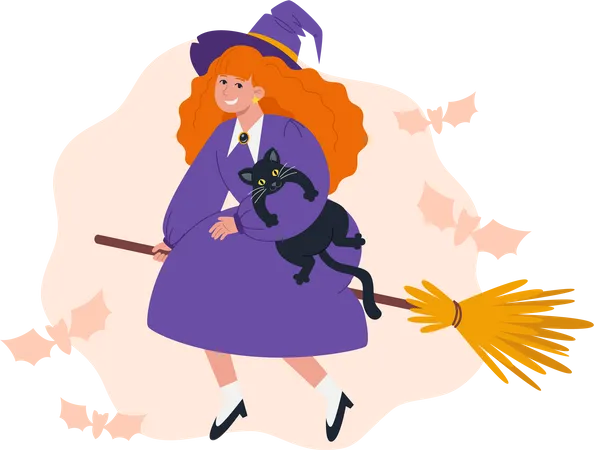 A Witch In A Purple Dress And Hat Flies On A Witchs Broomstick With A Black Cat Illustration