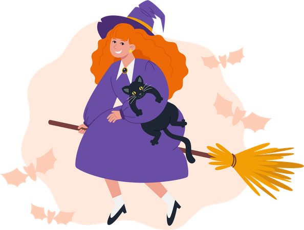 Witch flies on  witch broomstick with  black cat  Illustration