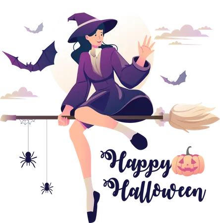 Witch Flying On A Broomstick Happy Young Woman In A Witch Costume Flying With A Magic Wand Vector Illustration In Flat Style Illustration