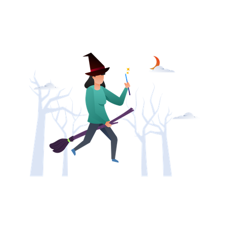 Witch flying on broom  Illustration