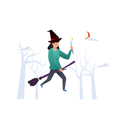 Witch flying on broom  Illustration