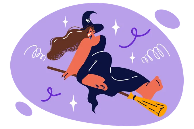 Witch flying using broomstick  일러스트레이션