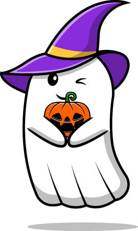 Witch Ghost Holding Pumpkin Halloween  Illustration