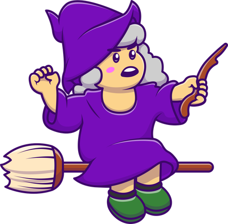 Witch Girl Flying With Magic Broom Stick  Illustration