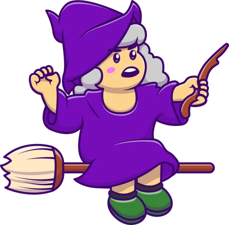 Witch Girl Flying With Magic Broom Stick  Illustration