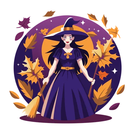 Witch girl holding broom stick  Illustration