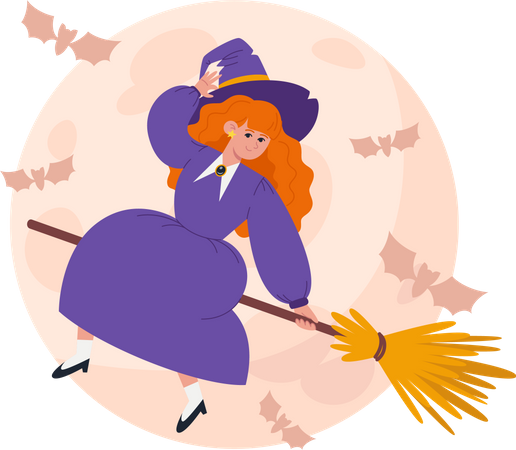 Witch girl in  purple dress and hat flies on  witch broomstick  일러스트레이션