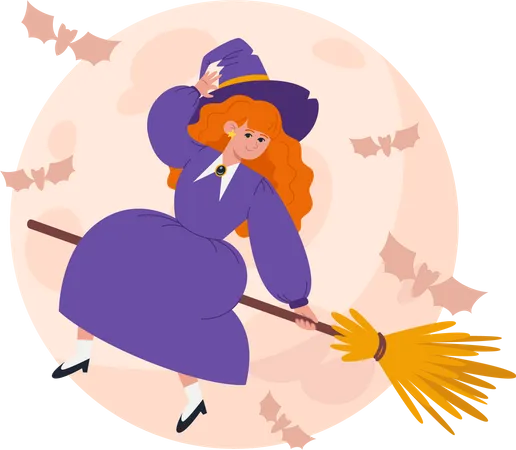 Witch girl in  purple dress and hat flies on  witch broomstick  Illustration