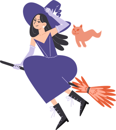 Witch girl on broom with ghost cat  Illustration