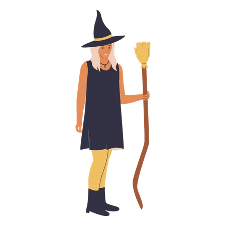 Witch Girl standing while holding broom stick  Illustration