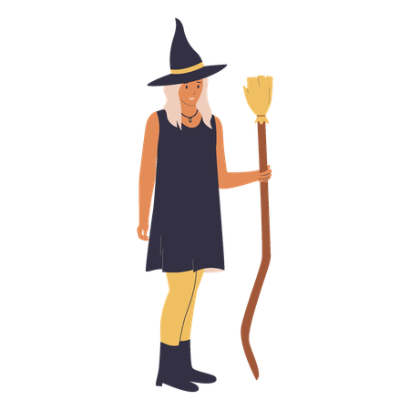 Witch Girl standing while holding broom stick  Illustration