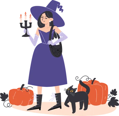 Witch girl walking with black cat among pumpkins  Illustration