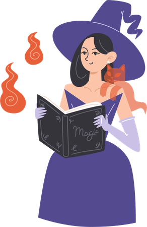 Witch girl with ghost cat on shoulder and reads magic book  Illustration