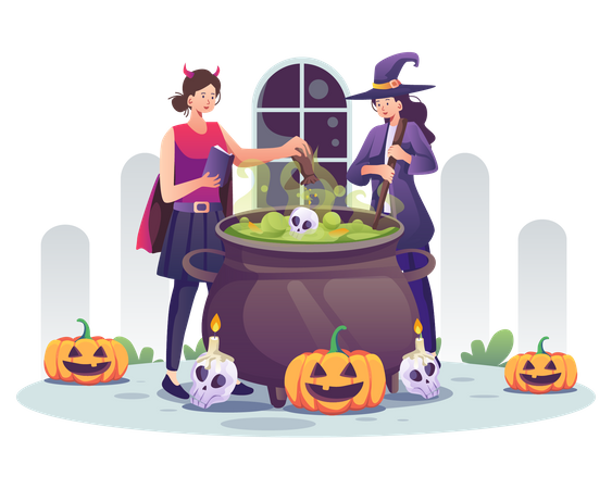 Witch girls making Halloween potion Illustration