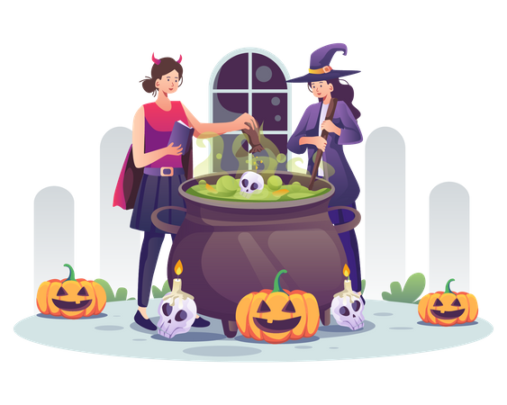 Witch girls making Halloween potion  Illustration