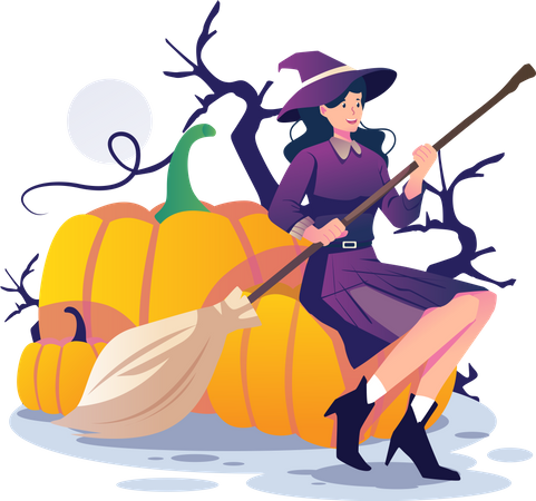 Witch holding a broomstick and sitting on a giant Halloween pumpkin  Illustration