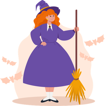 Witch holding broom in her hand  イラスト