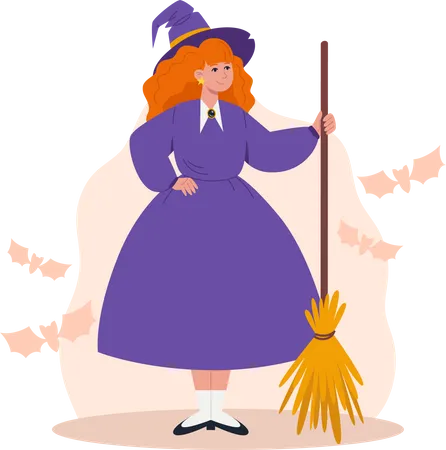 Witch holding broom in her hand  Illustration