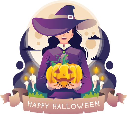 Witch holding Halloween pumpkin  Illustration