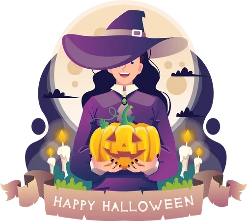 Witch holding Halloween pumpkin  Illustration