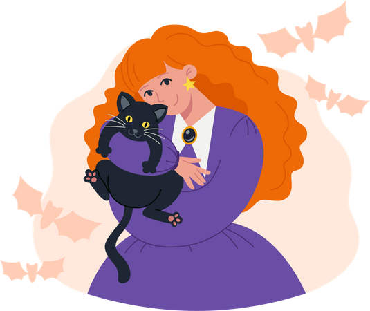 Witch hugging black cat  Illustration