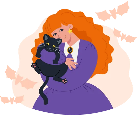 Witch hugging black cat  Illustration