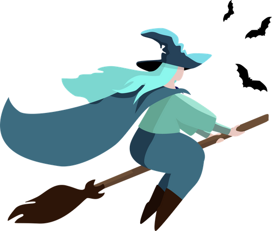 Witch in a hat on the broom with flying bats i Illustration