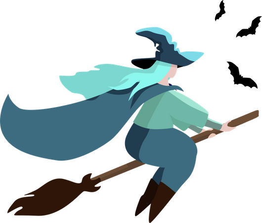 Witch in a hat on the broom with flying bats i  Illustration