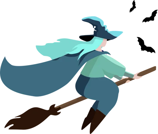 Witch in a hat on the broom with flying bats i  Illustration