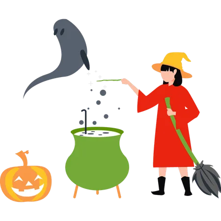 The Witch Is Making A Halloween Potion Illustration