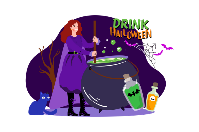 Witch making Halloween potion  Illustration