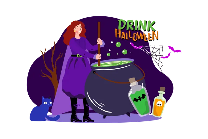 Witch making Halloween potion  Illustration