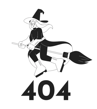Witch on broomstick black white error 404  Illustration