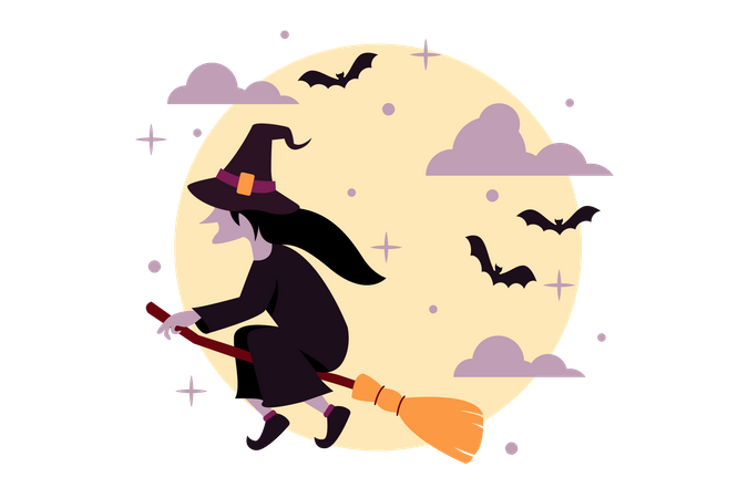 Witch riding broom Illustration