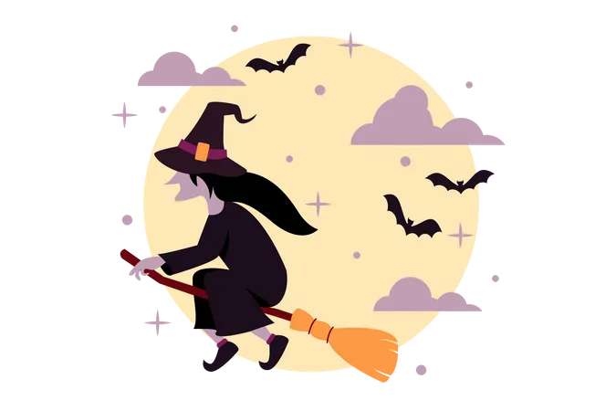 Witch riding broom  イラスト