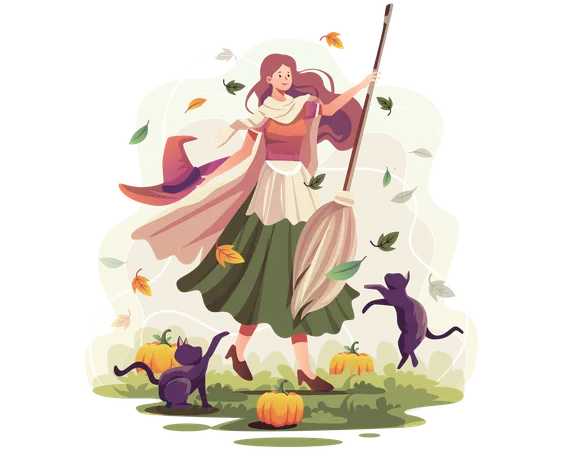 Witch riding broom  Illustration