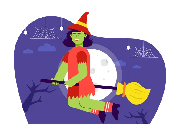 Witch Riding Broom  Illustration