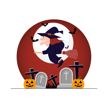 Witch riding broom in graveyard Illustration