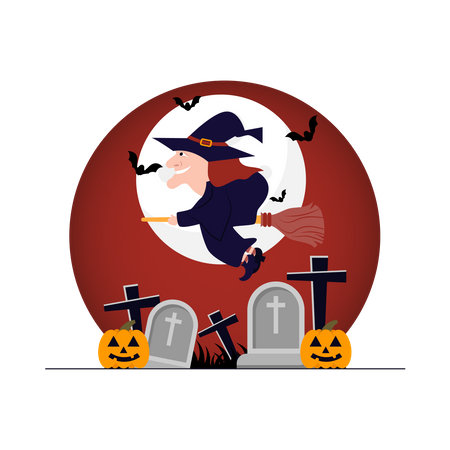 Witch riding broom in graveyard  Illustration