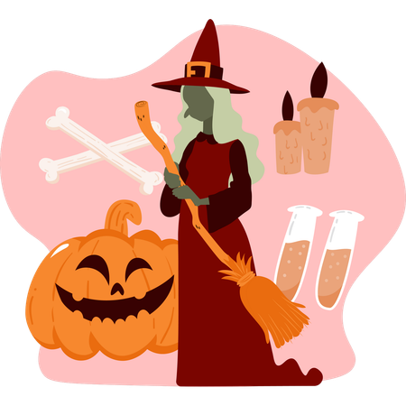 Witch stands holding a broom and a pumpkin showcasing a festive Halloween spirit with her traditional attire  Illustration
