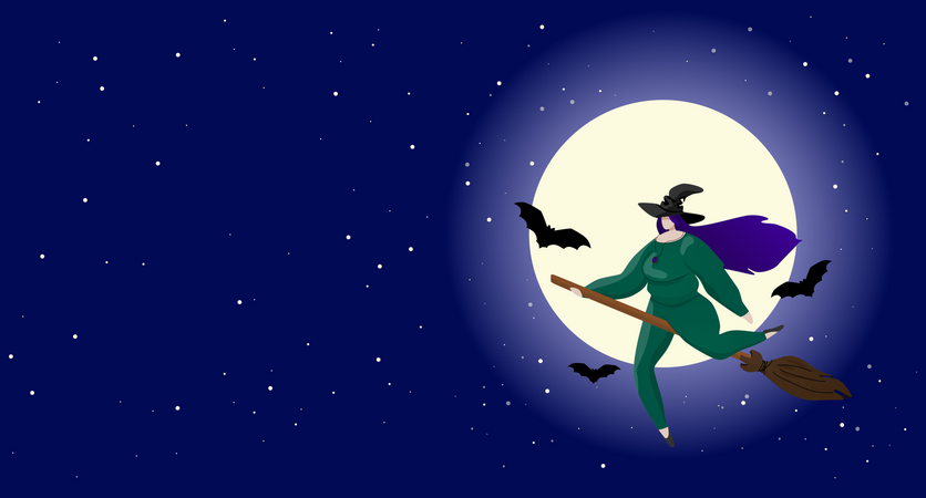 Witch with purple hair on the broom  Illustration