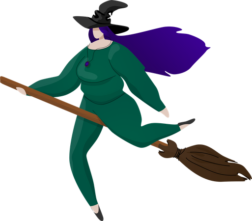 Witch with purple hair on the broom  Illustration