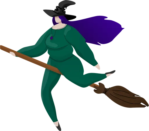 Witch with purple hair on the broom  Illustration