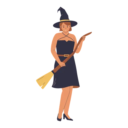 Witch woman holding broom stick  Illustration